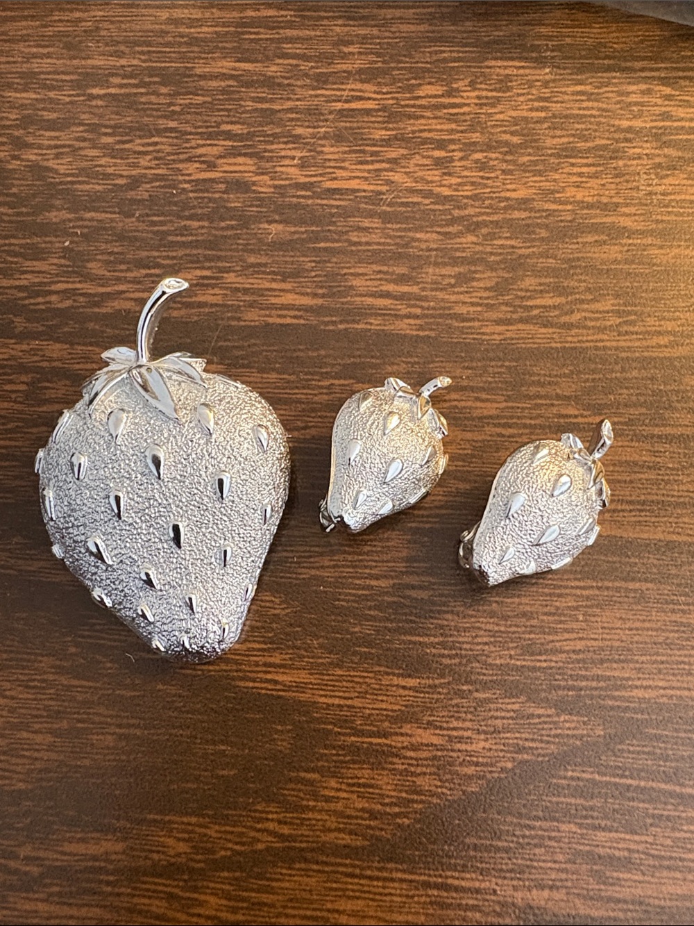Vintage Sarah Coventry Strawberry Brooch & Clip Earring Set Silver Tone